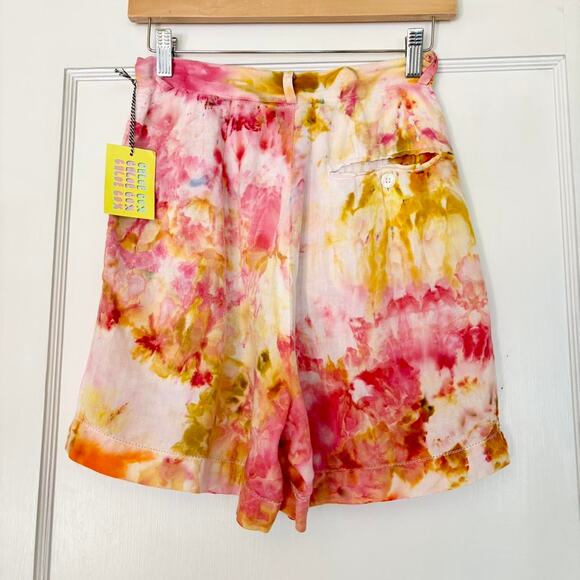 Chloe Cox Upcycled / Handmade Yellow and Pink Tie Dye Linen Shorts- Size XS / S - Picture 3 of 4